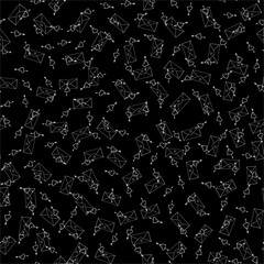 Seamless vector pattern of repeating envelopes with a heart. Hand-drawn Doodle in white on a black background. Cute hearts pierced by an arrow. For packaging, postcards in a modern Doodle style.