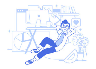 Freelancer remote working from home in small studio office desk with computer and gadget illustration for onboarding app landing page website or newsletter