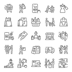 Purchases, icon set. People shopping, linear icons. Selection, payment and delivery of goods. Line with editable stroke - obrazy, fototapety, plakaty
