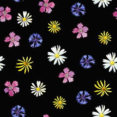 Fototapeta na wymiar Seamless pattern of watercolor multicolored wild flowers on black background 