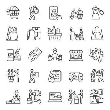 Purchases, icon set. People shopping, linear icons. Selection, payment and delivery of goods. Line with editable stroke