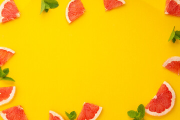 Grapefruit slices on yellow background. Abstract fruit frame mock up.
