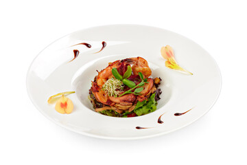 Salad with grilled shrimps isolated on white