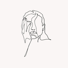 Woman face and hand continuous line drawing. Abstract minimal woman portrait