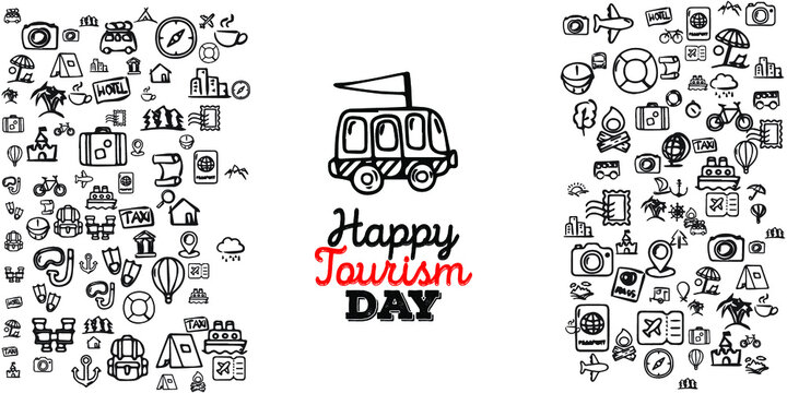 Set of Hand draw Tourism day Doodle backgrounds. Objects from a World Travel.