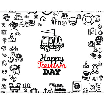 Set of Hand draw Tourism day Doodle backgrounds. Objects from a World Travel.