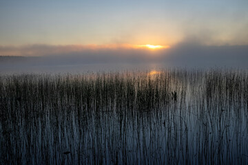 Fototapeta premium sunrise at a misty lake, Suomenniemi Finland