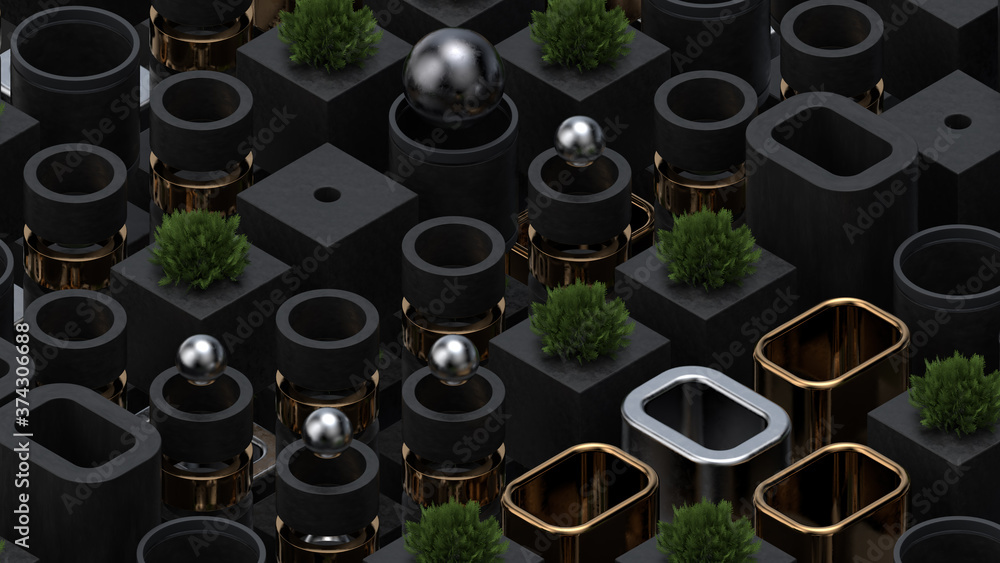 Poster abstract 3d render background with metallic elements, spheres, realistic plants. modern isometric co
