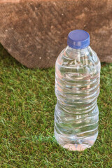 water bottle on grass and wood