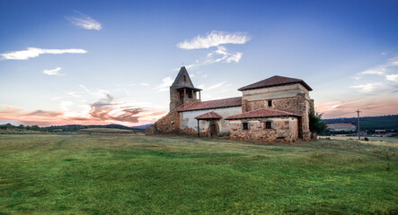 Brimeda, Castilla y Leon / Spain - August 10, 2020: Church of San Esteban at dusk