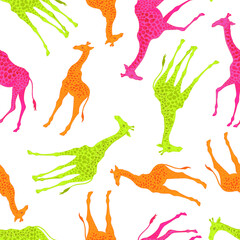 Vector neon cute illustration of giraffes seamless pattern
