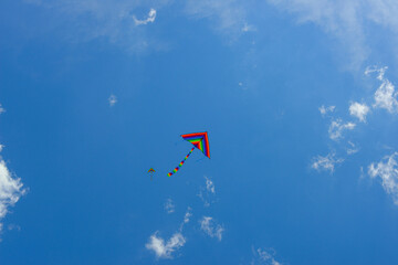 A colorful kite flying in a blue sky