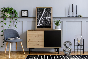 Modern scandinavian home interior with mock up poster frame, design wooden commode, big cement letter, cacti, plants, decoration, shelf and personal accessories in stylish home decor.