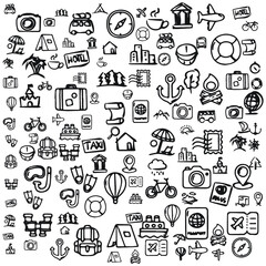 Set of Hand draw Tourism day Doodle backgrounds. Objects from a World Travel.
