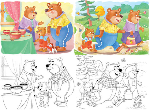 Goldilocks and the three bears. Fairy tale.  Four pictures from series. Coloring book. Educational book. Illustration for children. Cute and funny cartoon characters