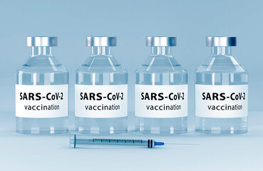 Corona virus vaccine development with ampoule - 3D illustration