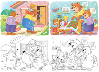 Obraz na płótnie Canvas Goldilocks and the three bears. Fairy tale. Four pictures from series. Coloring book. Educational book. Illustration for children. Cute and funny cartoon characters