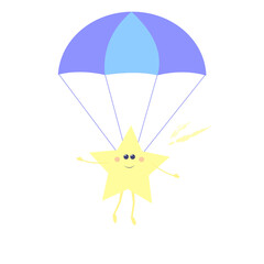 Funny vector illustration of cute kawaii style falling star with parachute
