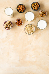 Above view of non-dairy milk alternative - almond hazelnut walnut oat milk