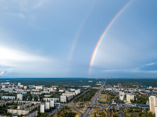 Double rainbow over a residential area of Kiev. Aerial drone view.
