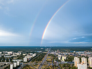 Double rainbow over a residential area of Kiev. Aerial drone view.