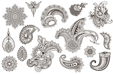 Mehndi set of Henna flower hand drawn tatoo elements. Floral paisley decorations in oriental, Indian, folk or ethnic style. Buta or turkish cucumber
