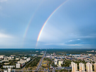 Double rainbow over a residential area of Kiev. Aerial drone view.