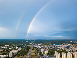 Double rainbow over a residential area of Kiev. Aerial drone view.