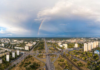 Aerial drone view. Double rainbow over a residential area of Kiev.