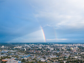 Double rainbow over a residential area of Kiev. Aerial drone view.