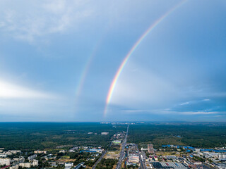 Double rainbow over a residential area of Kiev. Aerial drone view.