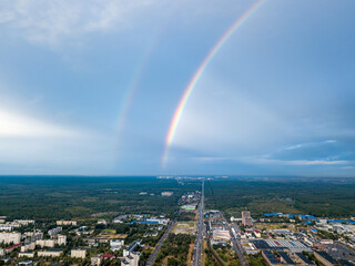 Double rainbow over a residential area of Kiev. Aerial drone view.