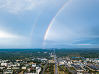 Double rainbow over a residential area of Kiev. Aerial drone view.