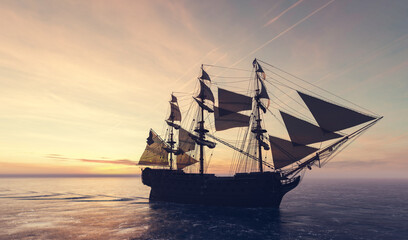 Pirate ship sailing on the ocean at sunset