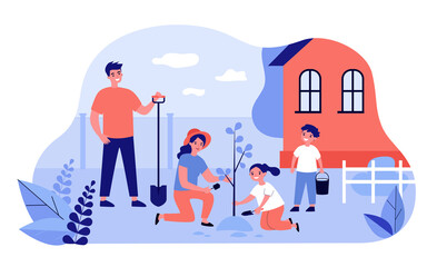 Happy family planting tree in garden isolated flat vector illustration. Cartoon father, mother and children growing plant near home. Summer, village and agriculture concept