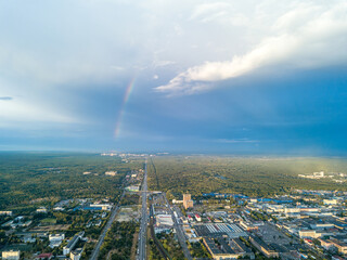 Aerial drone view. Rainbow over a residential area of Kiev.