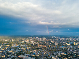 Aerial drone view. Rainbow over a residential area of Kiev.