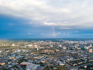 Aerial drone view. Rainbow over a residential area of Kiev.