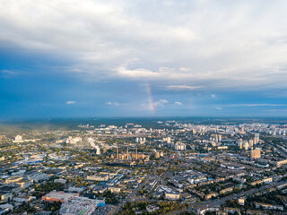 Aerial drone view. Rainbow over a residential area of Kiev.