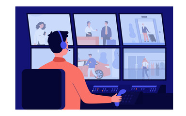 Security service worker sitting in dark control room flat vector illustration. Cartoon guard character watching monitors with video from surveillance cameras. CCTV and computer system concept