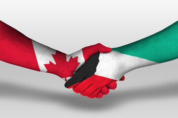 Handshake between kuwait and canada flags painted on hands, illustration with clipping path.
