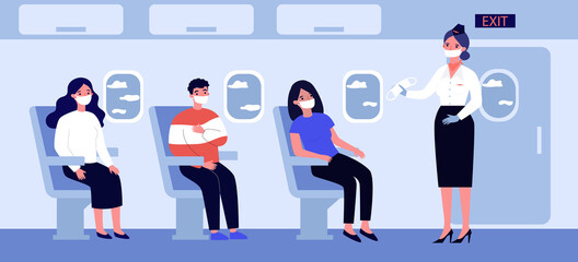 People sitting in plane and wearing facial masks. Protection, virus, coronavirus flat vector illustration. Travelling and pandemic concept for banner, website design or landing web page