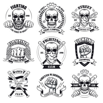 Vintage gangsta tattoo flat emblems set. Black monochrome labels or signs for street gangs with skulls, guns and fist vector illustration collection. Fighting club and aggression concept