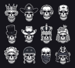 Monochrome skulls flat badge set. Scary skulls with helmet, bandana, crown, gentleman cap, hair and headset isolated vector illustration collection. Shirt design and racer tattoo concept