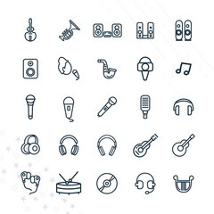 music line icon set with musical instruments, guitar, drums, musical notes, headphones, microphone