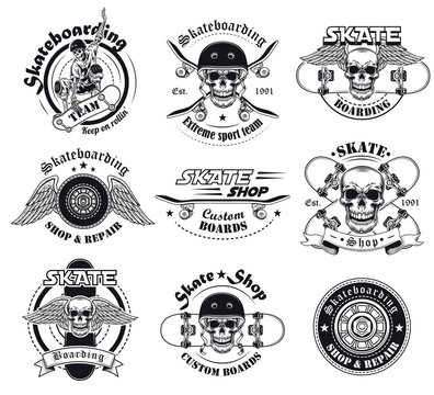 Vintage extreme skateboarding flat labels set. Monochrome skateboard tattoo with skull, skeleton, tire of wheel and angel wings vector illustration collection. Male beauty and self-care concept