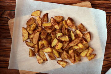 Delicious baked potatoes with seasoning on white paper cutting board