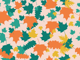 Autumn leaves seamless pattern. Falling leaves, leaf fall. Oak and maple. Background for wrapping paper, print, fabric and printing. Vector illustration