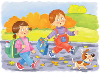 Obraz na płótnie Canvas Autumn. Fall. Illustration for children. Coloring book. Coloring page. Cute and funny cartoon characters