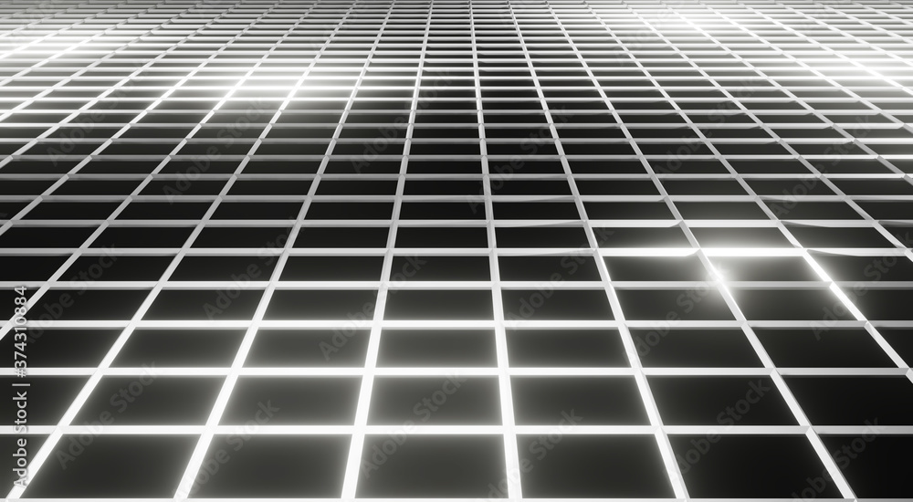 Poster 3d illustration background, perspective, perspective of a square cube or honeycomb grid. with a dark
